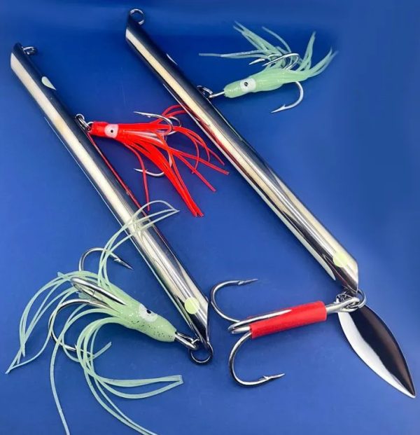 Pilkers weight 850-1000 gr. Vertical jigging in the cold northern seas. polished stainless steel.   Handmade. The attractive elements are light-accumulating stickers, octopuses and a chrome petal randomly - Image 2