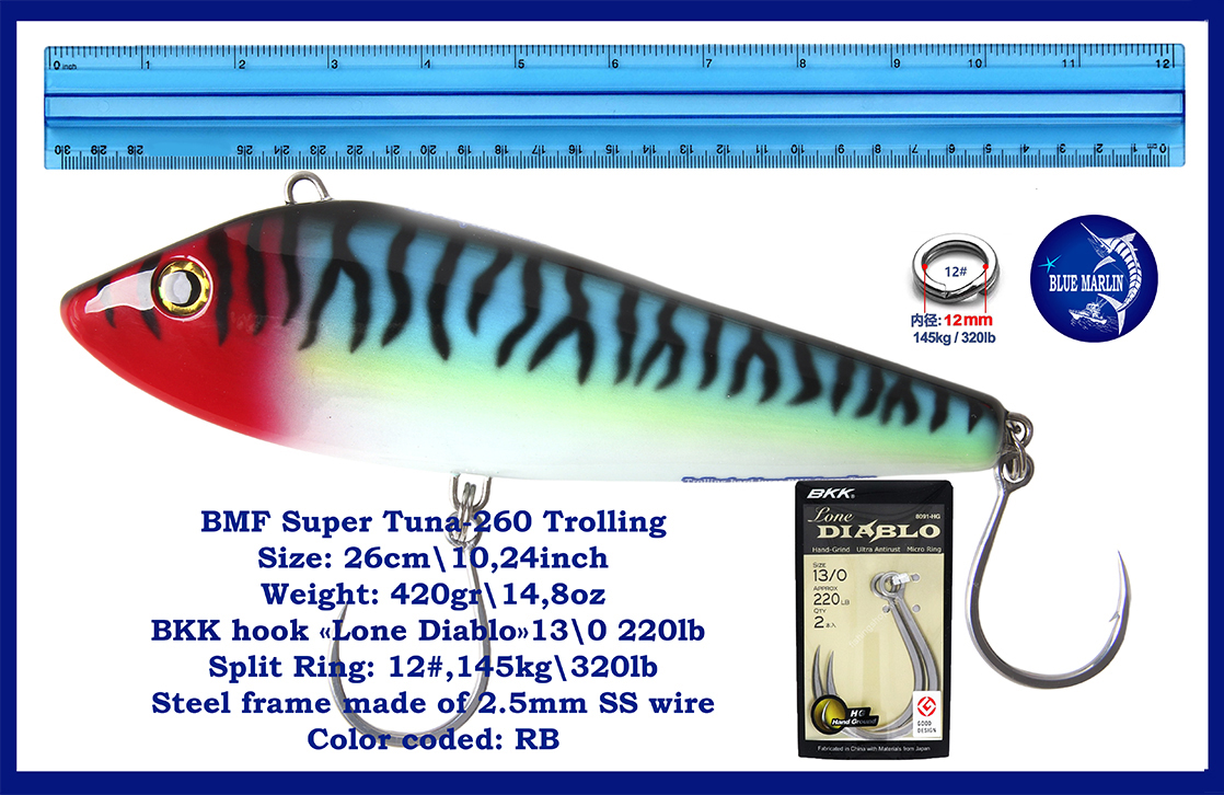 BMF Super Tuna 260 — Sinking, high-Speed trolling Lures. Size 26 cm / 10.24 inch, Weight 420 g / 14.8oz, BKK Lone Diabolo Hook 13/0, 220lb. - Image 3