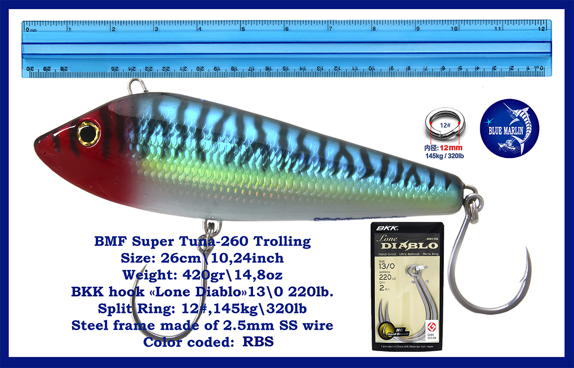 BMF Super Tuna 260 — Sinking, high-Speed trolling Lures. Size 26 cm / 10.24 inch, Weight 420 g / 14.8oz, BKK Lone Diabolo Hook 13/0, 220lb. (Копировать) - Image 3