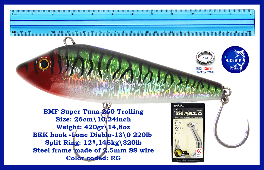 BMF Super Tuna 260 — Sinking, high-Speed trolling Lures. Size 26 cm / 10.24 inch, Weight 420 g / 14.8oz, BKK Lone Diabolo Hook 13/0, 220lb. - Image 3