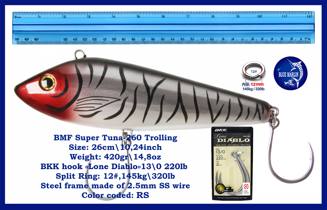 BMF Super Tuna 260 — Sinking, high-Speed trolling Lures. Size 26 cm / 10.24 inch, Weight 420 g / 14.8oz, BKK Lone Diabolo Hook 13/0, 220lb. - Image 3
